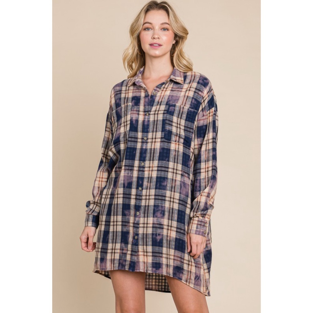 NEW! Cotton Soft Blue/Purple Plaid - Tie Dye Button Down Shirt Dress or Cardigan - Picture 9 of 11